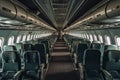 Interior of an airplane cabin with comfortable seats, overhead compartments