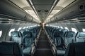 Interior of an airplane cabin with comfortable seats, overhead compartments