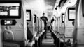 Interior of airplane with passengers on seats waiting to taik off.