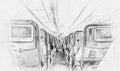 Interior of airplane with passengers on seats waiting to take off, hand drawn style pencil sketch Royalty Free Stock Photo