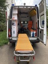Interior ambulance car with stretcher, emergency medical aid