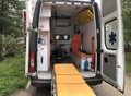 Interior ambulance car with stretcher, emergency medical aid