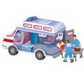 Interior of an ambulance together with paramedics pick up a patient on a stretcher, cartoon illustration, isolated object on white Royalty Free Stock Photo