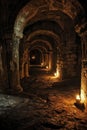 Interior of ancient crypt, candlelit, narrow angle, shadows dance, ancestral whispers