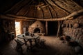 Interior of an ancient hut. Old room. The dwelling of ancient people. Wild tribe village. Generative Ai