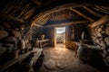 Interior of an ancient hut. Old room. The dwelling of ancient people. Wild tribe village. Generative Ai