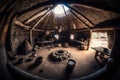 Interior of an ancient hut. Old room. The dwelling of ancient people. Wild tribe village. Generative Ai