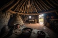 Interior of an ancient hut. Old room. The dwelling of ancient people. Wild tribe village. Generative Ai