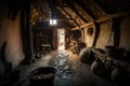 Interior of an ancient hut. Old room. The dwelling of ancient people. Wild tribe village. Generative Ai