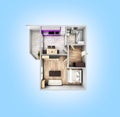 Interior apartment roofless top view apartment layout on blue gradient background 3d render Royalty Free Stock Photo