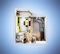 Interior apartment roofless top view apartment layout on blue gradient background 3d render Royalty Free Stock Photo