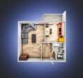 Interior apartment roofless top view apartment layout on blue gradient background 3d render Royalty Free Stock Photo