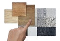 interior architect choosed material samples including oak wooden ceramic tiles, palette of terrazzo stone quartz samples isolated Royalty Free Stock Photo