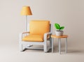 Interior with armchair, floor lamp, small table and plant on floor. Simple 3d render illustration.