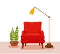 Interior with an armchair potted plant, floor lamp.