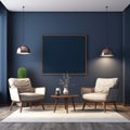 Interior with armchairs and coffee tables in living room with window and mock up poster on dark blue wall, home design 3d Royalty Free Stock Photo