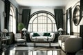 Interior in art deco style in a modern apartment halftones, bold geometric lines, luxury, chic