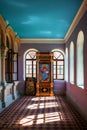 The interior of the Assumption-Bogoroditsky Monastery. Arched windows, rays of light and bright wall colors. Sviyazhsk. Kazan. Royalty Free Stock Photo