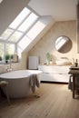 Interior of attic bathroom with white and beige walls, wooden floor, bathtub and round mirror. Scandinavian style Royalty Free Stock Photo