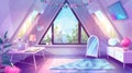 Interior of an attic girl's bedroom with cartoon background. Teenage student room with bed and mirror. Cat loft Royalty Free Stock Photo