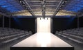 Interior of the auditorium with empty podium for fashion shows. Fashion runway before beginning of fashionable display. 3D visuali Royalty Free Stock Photo