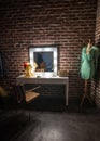 Interior of a back stage or offstage female makeup dressing room consist of wig, mirror, wardrobe and make up stuff