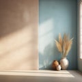 Interior background of empty room with beige and blue stucco, brick wall with copy space and pot with pampas grass 3d rendering