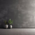 Interior background of empty room with dark gray stucco wall with copy space and pot with plant 3d rendering