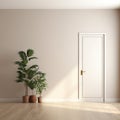 Interior background of empty room with stucco wall, plant and closed door, panorama 3d rendering Royalty Free Stock Photo