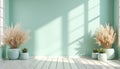 Interior background with light aqua wall and whitewashed plank flooring. Plants, window frame, natural sunlight, shadow creates Royalty Free Stock Photo