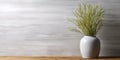 Interior background of room with white gray stucco or concrete wall and natural wood paneling. Decorative vase with grass. Royalty Free Stock Photo