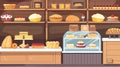 Interior of a bakery store with cakes, bread, and pastry on display shelves. Modern drawing of a bakery store with sweet