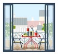 Interior of balcony, table and chairs, potted trees. Beautiful scenery, view of city from open door. Colorful vector