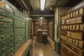 An interior of a bank vault with rows of safety deposit boxes, conveying a sense of confidentiality and trustworthiness Royalty Free Stock Photo