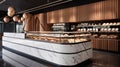 Interior bar design and counter decoration local coffee cafe, breakfast and bakery pastry shop. Generative AI