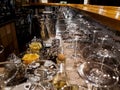 Interior bar image with prepared crockery and glasses and glasses ready to serve