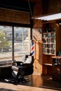 Interior of barbershop with professional barber chair