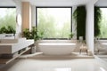 Interior of a bathroom with a bath by the window in light colors with wooden furniture and green plants in a house or apartment Royalty Free Stock Photo