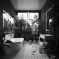 Interior of bathroom with decorative plants in modern house. Black and white image Royalty Free Stock Photo