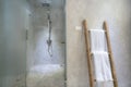 Interior of bathroom with modern shower head and white towel at rail in bathroom Royalty Free Stock Photo