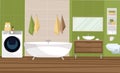 Interior bathroom in a modern style design with a tile of 2 colors green and beige. Bathtub, sink stand, hanging toilet, shelf