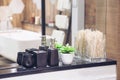 Interior of bathroom with sink basin faucet and mirror. Modern design of bathroom. Royalty Free Stock Photo