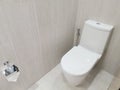 Interior bathroom with white sanitary ware and toilet paper.