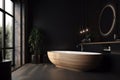 home interior luxury black bathtub design bathroom beautiful modern wood furniture. Generative AI. Royalty Free Stock Photo