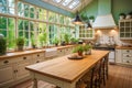 The interior of a beautiful and modern kitchen is made in a classic style. Beautiful light-colored furniture and a large Royalty Free Stock Photo