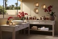 Beige interior of beautiful relaxing SPA zone with sink towels, candles. Advertising of wellness, SPA. Copy space Royalty Free Stock Photo