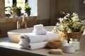 Beautiful, relaxing SPA area in a bright room with sink, towels. Advertising of wellness. Copy space Royalty Free Stock Photo