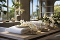 The interior of beautiful, relaxing SPA area in a bright room with towels, candles. Copy space Royalty Free Stock Photo