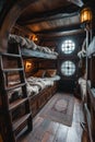 interior of a bedroom cabin room on medieval pirate ship. Inside ancient pirate sail boat