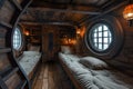 interior of bedroom cabin room on medieval pirate ship. Inside pirate sail boat